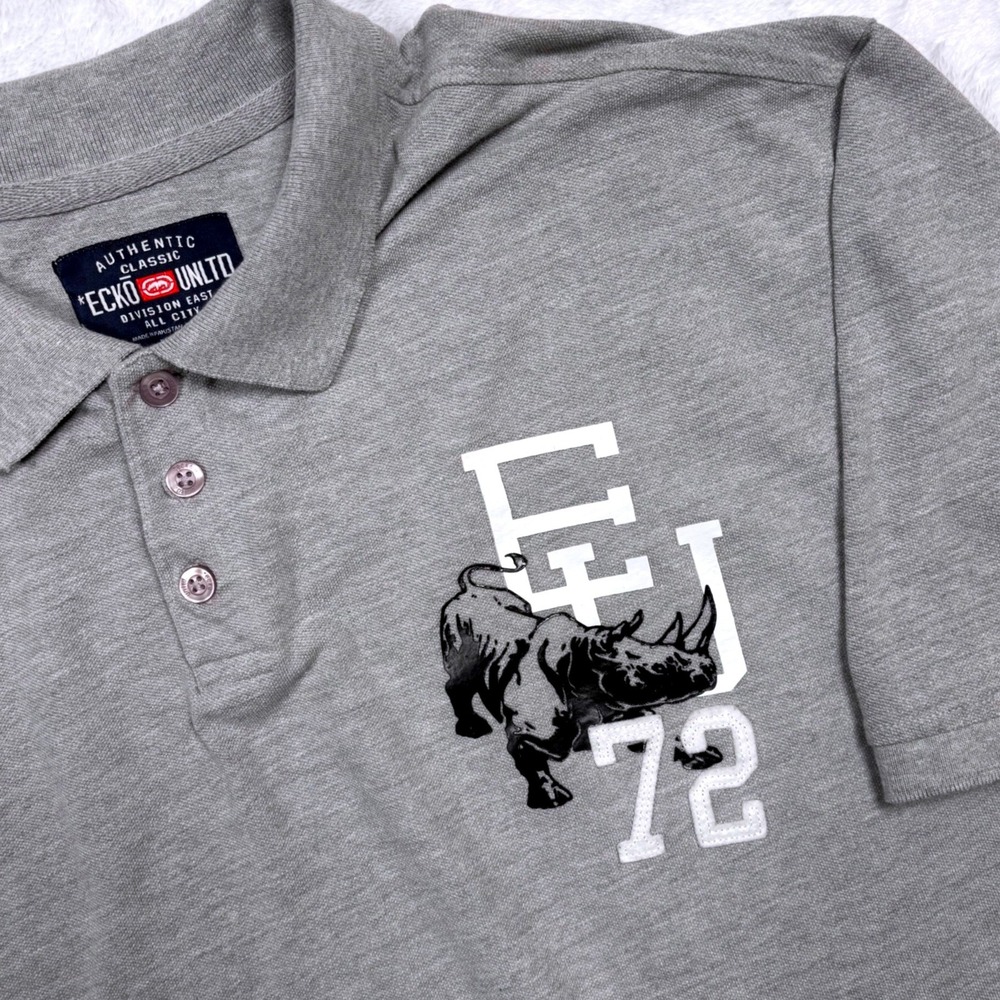 Y2K Ecko Unltd Polo Shirt Men 3X BIG Gray Rhino 72 Graphic Short Sleeve Street